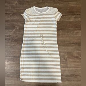 Athleta Striped Tan and White Sinch Waist Casual Dress